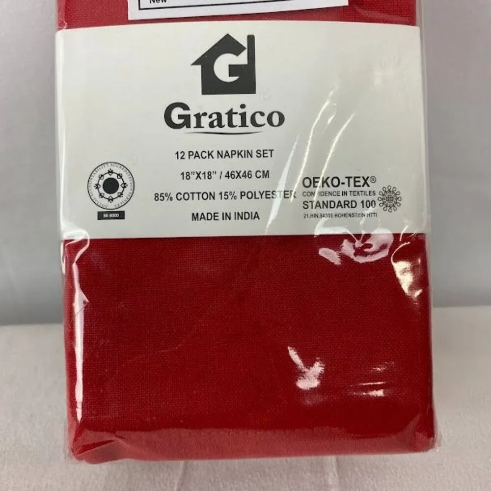 NIP Gratcio 12 PK Red Cloth Napkin‎ Set 18X18.